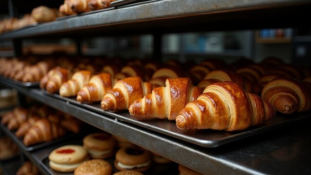 Golden croissants and assorted pastries cooling on bakery racks – fresh gourmet baking in rustic artisan shop