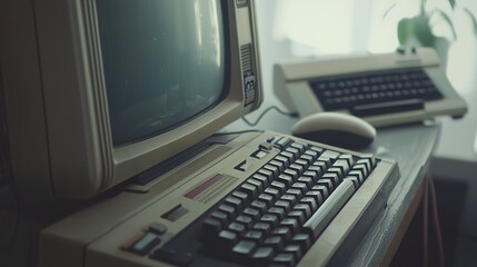 Close-up of a classic antique computer setup featuring keyboard and mouse