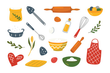 Baking tools illustration: A colorful, detailed illustration showcases various baking tools, from whisks and rolling pins to bowls, eggs, and more. Perfect for culinary projects.