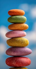 Colorful stones stacked high against a sky