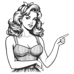 Naklejka na ściany i meble confident woman with voluminous hair pointing sideways, ideal for directing attention in designs sketch engraving generative ai fictional character vector illustration. Scratch board. Black and white.