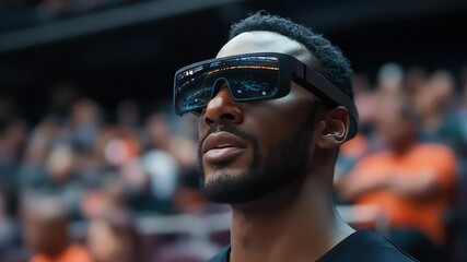 An athlete wearing advanced glasses, focused in a vibrant sports arena. - Powered by Adobe