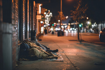 Homeless individual sleeping on city sidewalk at night, surrounded by city lights and quiet streets, evoking feelings of loneliness and urban hardship