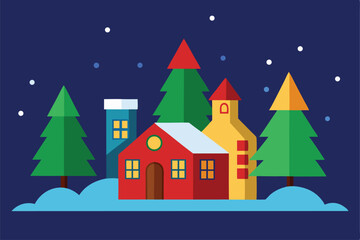 christmas card with houses and trees