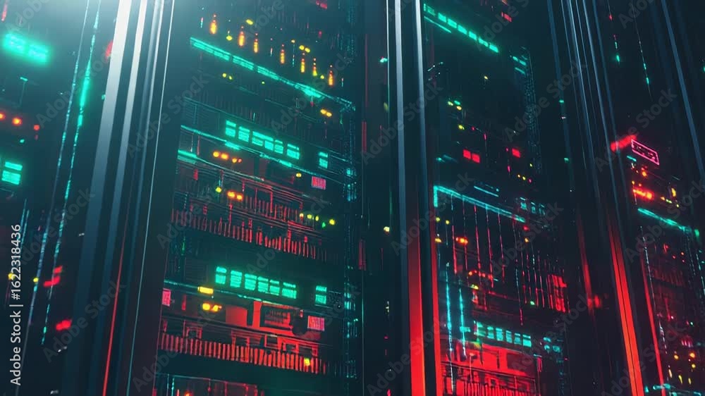 Poster server room blinking lights showing internet connectivity and big data