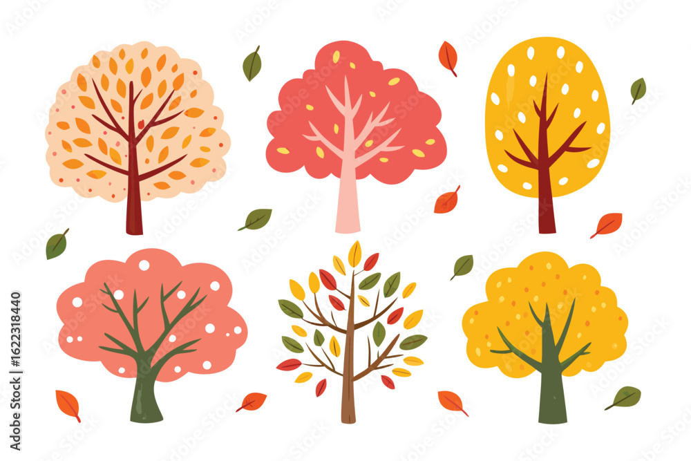 Poster autumn trees: a collection of autumn trees of various colors and shapes, set against the backdrop of