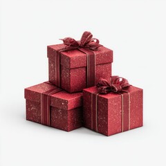 Obraz premium Three red gift boxes, stacked, with gold speckled patterns and red ribbon bows