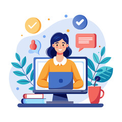 Professional Woman Hosting Live Webinar from Home Office Setup – Modern Vector Illustration for Online Education, Virtual Presentation, Remote Learning, and Business Communication Concepts
