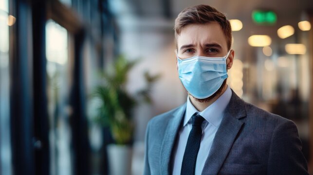A man in a suit standing in a modern office with a mask on his face.