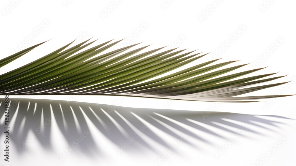 Poster soft shadow of a single palm leaf artistically with soft shadow on a white background
