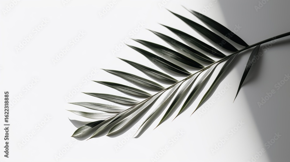Poster soft shadow of a single palm leaf artistically with soft shadow on a white background