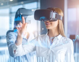 Portrait of businesswoman in virtual reality glasses working with holographic graphs. Toned image. Double exposure. 
