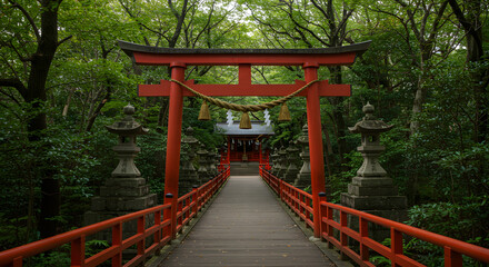 Traditional Red Torii Gate Leading to Japanese Shrine in Forest
