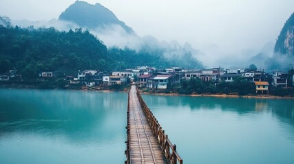 Wooden bridge over tranquil lake, misty mountains in background