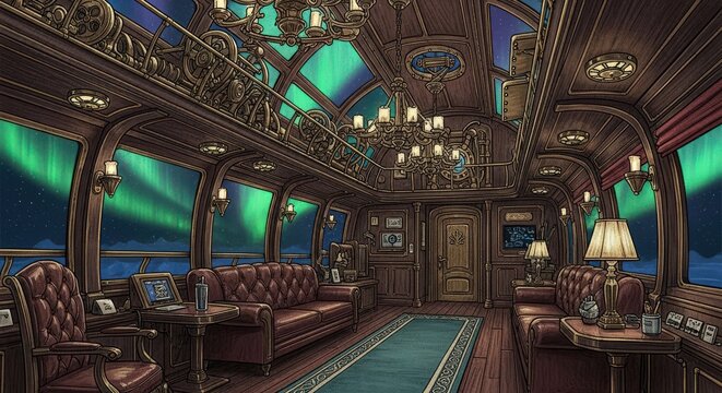 Luxurious Steampunk Train Interior with Aurora Borealis View.
