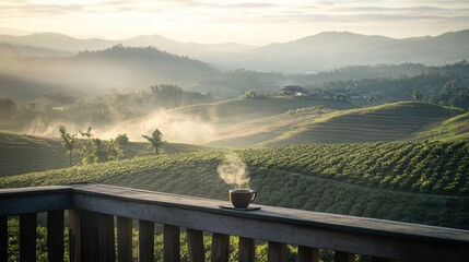 Morning coffee on a mountain terrace, misty hills