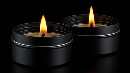 Two black metal candle tins, lit