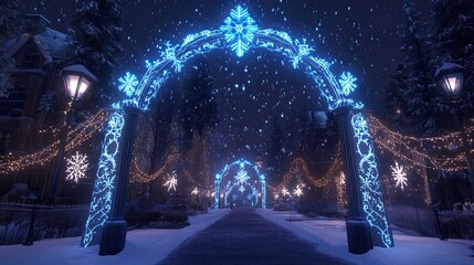 Snowy, lit archway at night