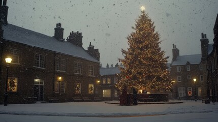 Snowy Christmas square, town houses, festive tree