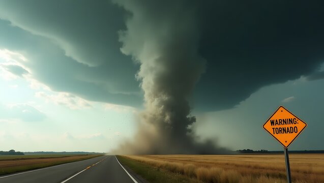 A tornado forming over a flat landscape, with swirling dark clouds and debris in daylight. "Warning: Tornado" text highlights the threat of the storm.
