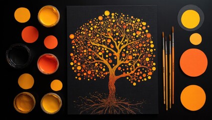 Abstract orange tree painting surrounded by paint pots and brushes on black surface