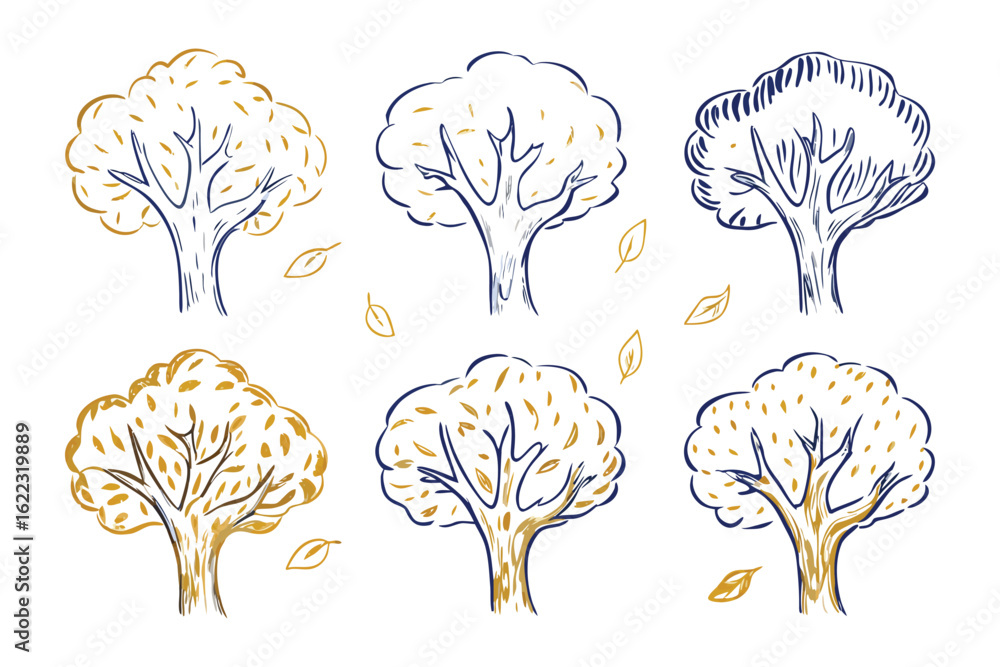 Poster artistic arborous array: a collection of stylistically varied tree illustrations, each rendered with