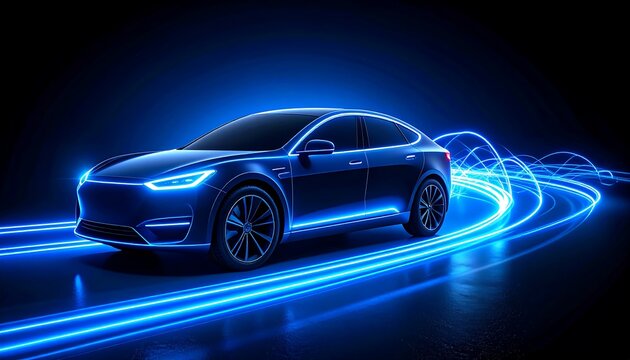 Futuristic electric car on glowing pathways