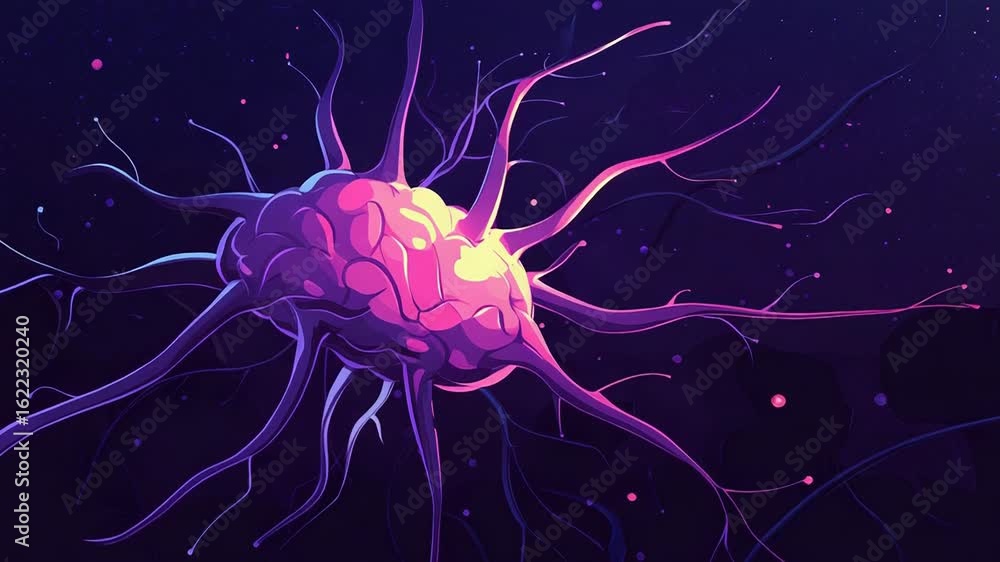 Poster glowing neuron sending signals in dark space, exploring the nervous system