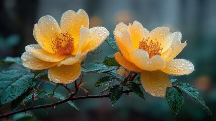 Two vibrant, dewy yellow roses on a branch
