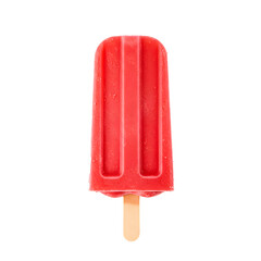 A refreshing red frozen fruit bar on a wooden stick, perfect for a hot summer day, isolated on black.