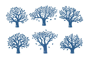 Hand-drawn Blue Tree Collection: A captivating collection of hand-drawn tree illustrations in shades of blue, perfect for adding an artistic touch to any design project.