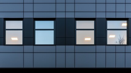 A blue building with a grid pattern and four windows.