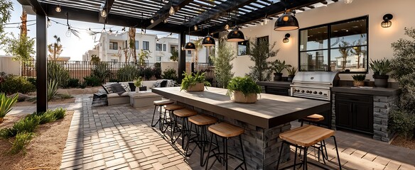 Fototapeta premium Luxury Outdoor Patio with Grill with Bar, and and Seating for Entertainment and Relaxation.