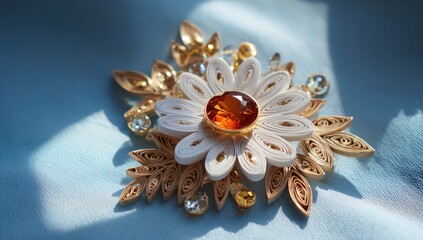 Naklejka premium Delicate, paper flower brooch, light beige and white, accented with amber gem and clear crystals