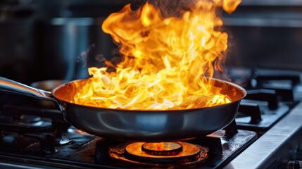 A frying pan with flames on a stove top.