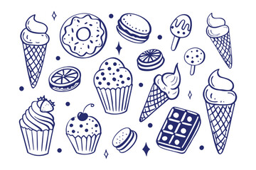 Delicious Dessert Collection: A delightful assortment of sketched desserts, from ice cream cones to cupcakes, creating a mouthwatering visual feast for any food lover.