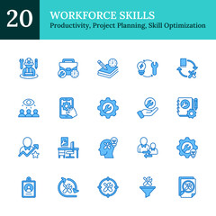 Workforce Skills Blue Fill Outline Icon Sheet Vector Design - representing productivity, project planning, skill optimization, and workplace innovation