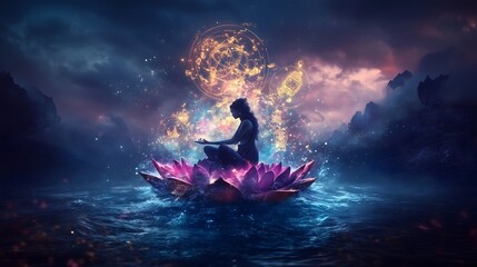 Mystical female figure seated on a lotus flower, eyes closed in meditation surrounded by ethereal...