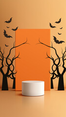 halloween spooky podium with bats and trees on orange backdrop for product display mockup advertisement showcase scene festive eerie october theme for holiday promotions