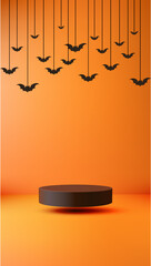halloween mockup with floating black podium and bat silhouettes on orange background, spooky minimalist product display template for seasonal showcase and marketing