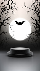 halloween spooky backdrop with full moon eerie forest bare trees flying bat and round podium for product display mockup or showcase in dark atmospheric night setting