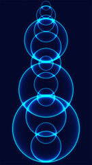 Neon Abstract Blue Technology Background with Glowing Digital Rings and Futuristic Symmetrical Pattern in Dark Concept