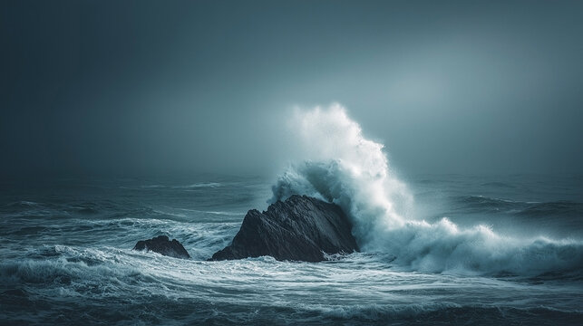 Powerful ocean wave hitting the rocks during a storm, dramatic seascape with misty atmosphere. Perfect for nature, travel, and environmental projects.