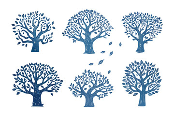 Naklejka premium Illustrated trees collection: A collection of diverse trees, illustrated in shades of blue, showcasing the beauty of nature. 