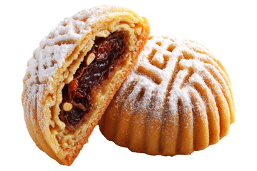 Traditional Maamoul cookies, one halved showing date and nut filling, isolated on white transparent background, concept of Arabic festive desserts