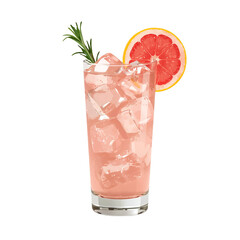 Refreshing grapefruit cocktail with ice cubes, garnished with rosemary and a grapefruit slice, in a tall glass.