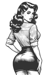 Naklejka na ściany i meble glamorous woman glancing over her shoulder, wearing a tight skirt and button-up shirt sketch engraving generative ai fictional character vector illustration. Scratch board. Black and white image.