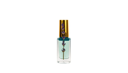 A colorful nail polish bottle adorned with a spa flower accent, perfect for beauty and wellness themes isolated on solid white background Png