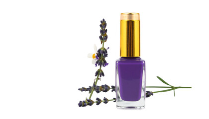 A colorful nail polish bottle adorned with a spa flower accent, perfect for beauty and wellness themes isolated on solid white background