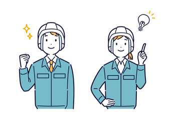 上を向いて明るい表情をする作業着姿の男女のイラスト